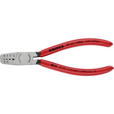 Abgebildet ist eine rote Crimpzange der Marke Knipex mit Skalen für Drahtstärken zwischen 0,25 und 2,5 mm².