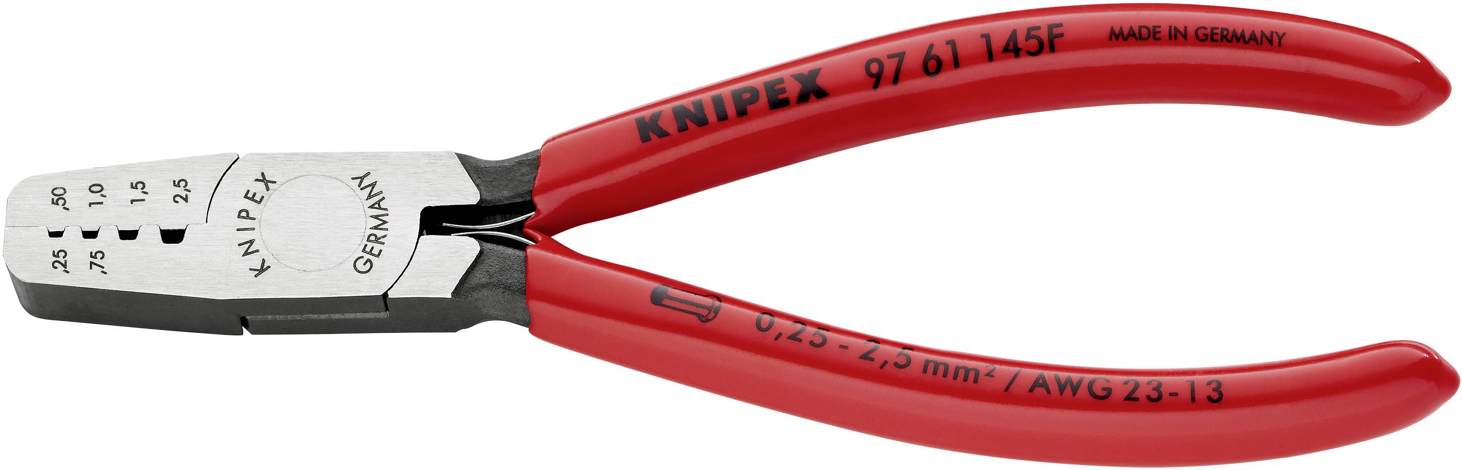 Rote Crimpzange von KNIPEX zum Verpressen von Kabelschuhen, mit Skala für verschiedene Kabelgrößen, made in Germany.