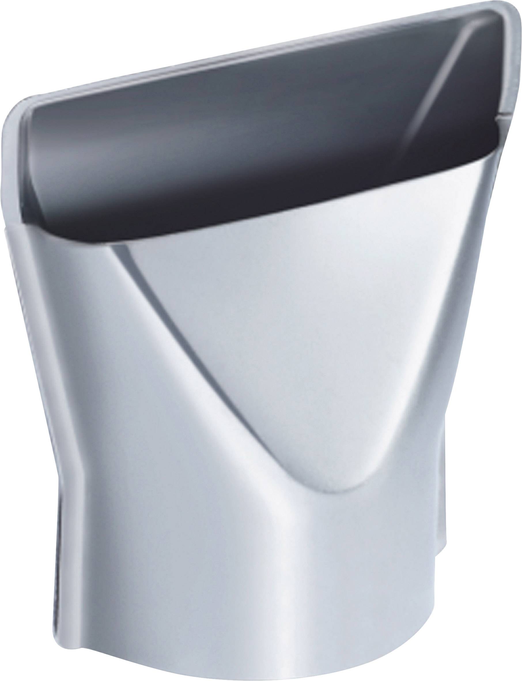 Ein silbernes, flaches Plastikdüsenteil mit schmalem, rechteckigem Ausgang, vermutlich für einen Haartrockner oder ähnliches Gerät.