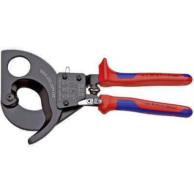 Ratsche-Kabelschneider mit roten und blauen Griffen, geeignet für Aluminium- und Kupferleitungen bis 380 mm², Markenname eingraviert.