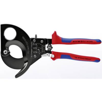 Eine rote und blaue Kabelschere mit einer scharfen Klinge und einem ergonomischen Griff, geeignet zum Schneiden von Cu- und Al-Kabeln.