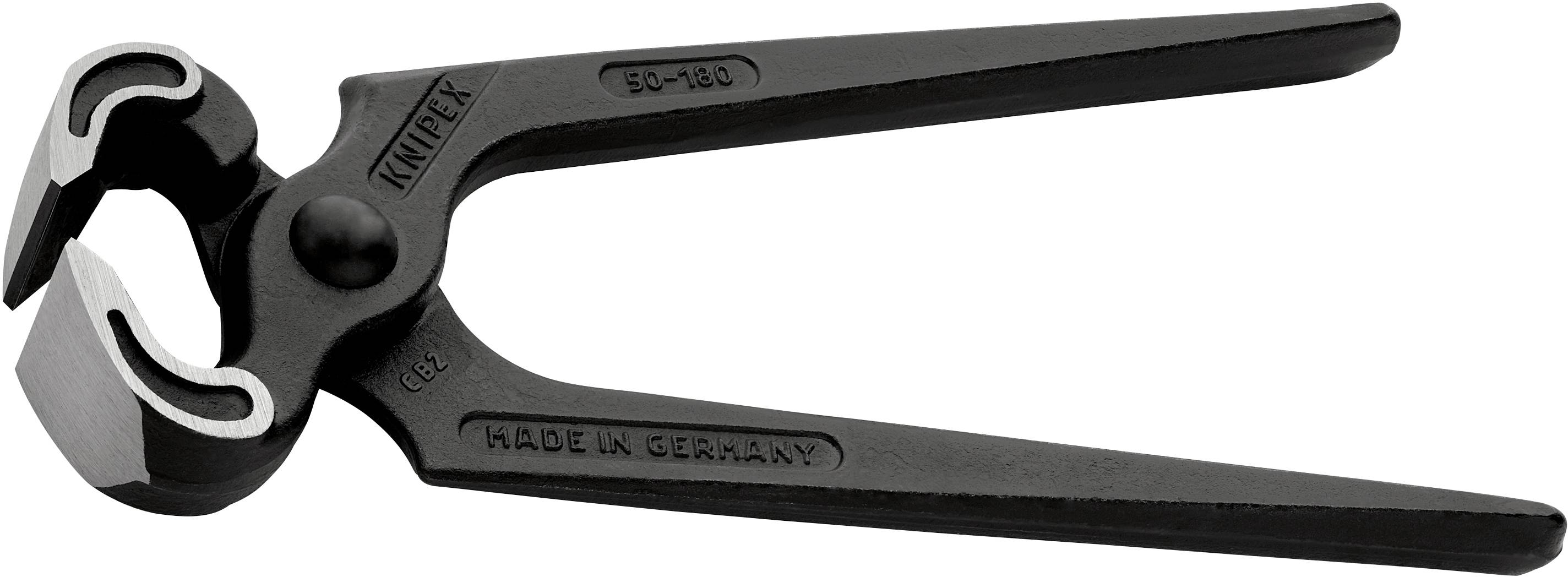 Ein Beißzange mit schwarzem Metallkörper, auf der 'Knipex' und 'Made in Germany' aufgedruckt sind. Sie hat ergonomisch geformte Griffe.