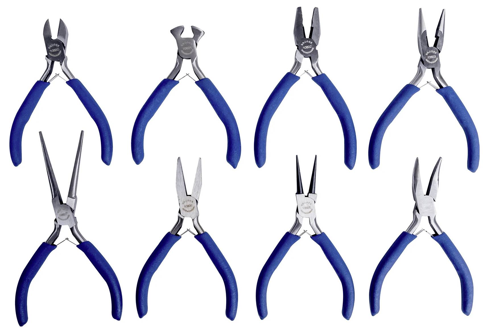 Acht verschiedene Zangen mit blauen Griffen, die jeweils unterschiedliche Formen und Funktionen haben, sind nebeneinander angeordnet.