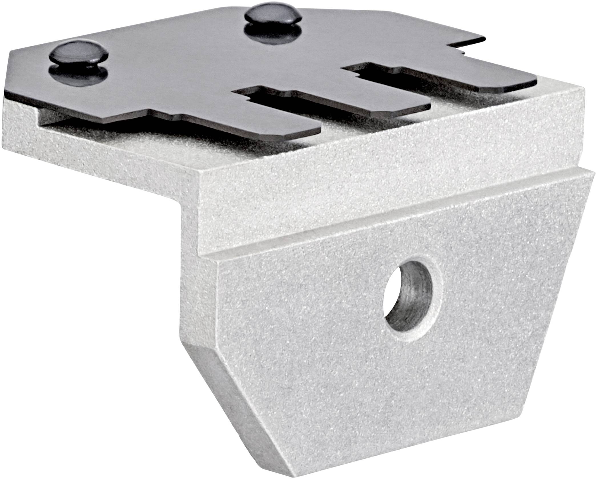 Ein metallischer Befestigungswinkel mit Bohrloch zur Montage, aus grauem Material mit einer dunklen, abgeflachten Oberseite.