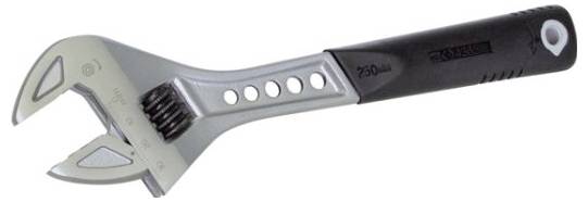 Ein verstellbarer Schraubenschlüssel mit einem schwarzen Griff und silberfarbenen Metallbacken. Die Backen haben Maßmarkierungen zum Greifen verschiedener Schrauben- und Bolzendurchmesser.