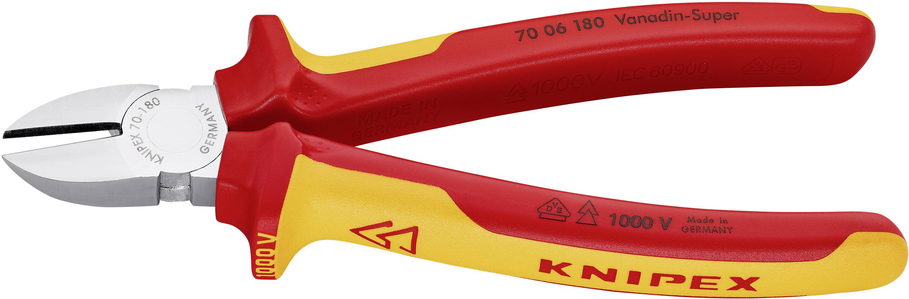 Isolierte rote und gelbe Knipex-Schneidezange mit der Aufschrift '1000V' und 'Made in Germany', geeignet für sicheres Arbeiten an elektrischen Geräten.