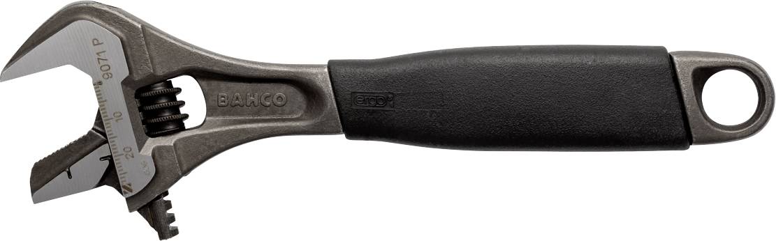 Verstellbarer Schraubenschlüssel mit schwarzem Griff, geöffnet auf breite Einstellung.