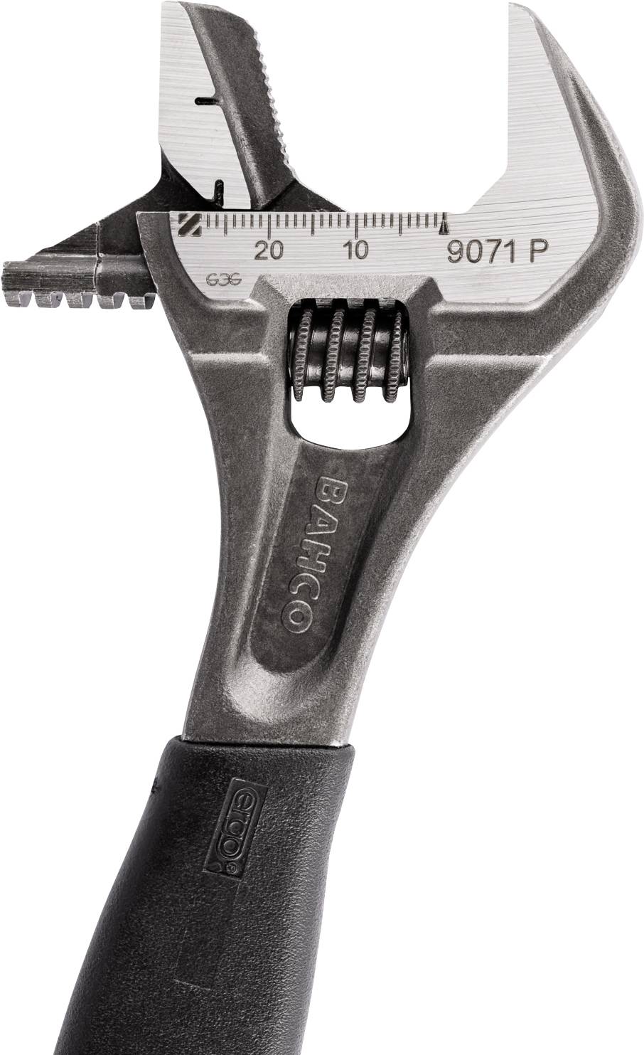 Ein verstellbarer Schraubenschlüssel mit grauem Griff, geöffnet bis 20 mm. Auf dem Metall ist 'BAHCO 9071 P' eingraviert.