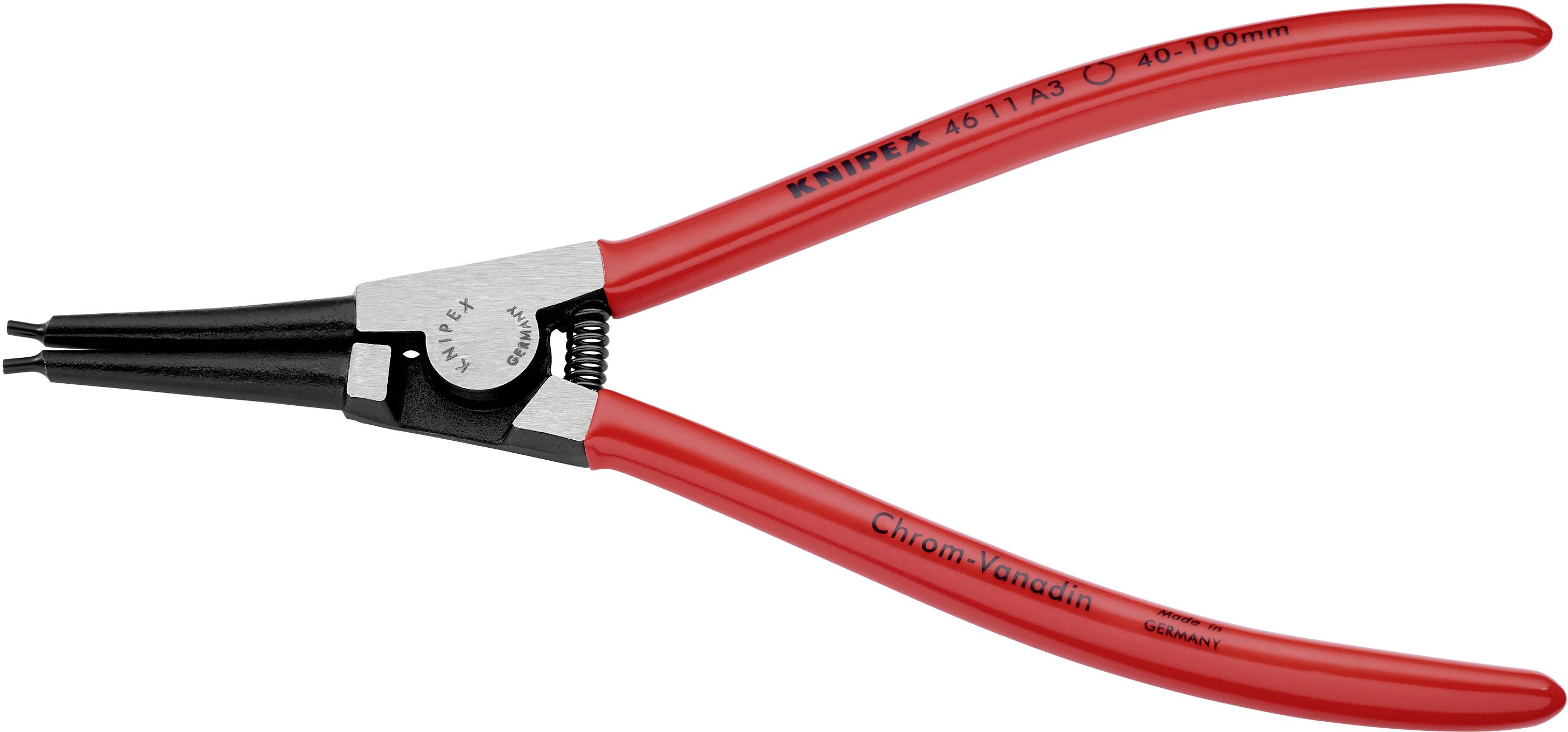 Eine rote Sicherungsringzange mit schwarzen Spitzen, geeignet für Ringe von 40-100 mm. Aufschrift 'Chrom-Vanadin' auf dem Griff.