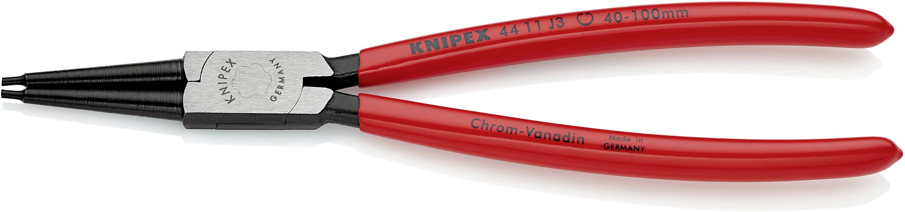 Rote Sicherungsringzange der Marke KNIPEX, Modell 4411J3, für 40-100 mm. Geeignet zum Montieren und Demontieren von Sicherungsringen.