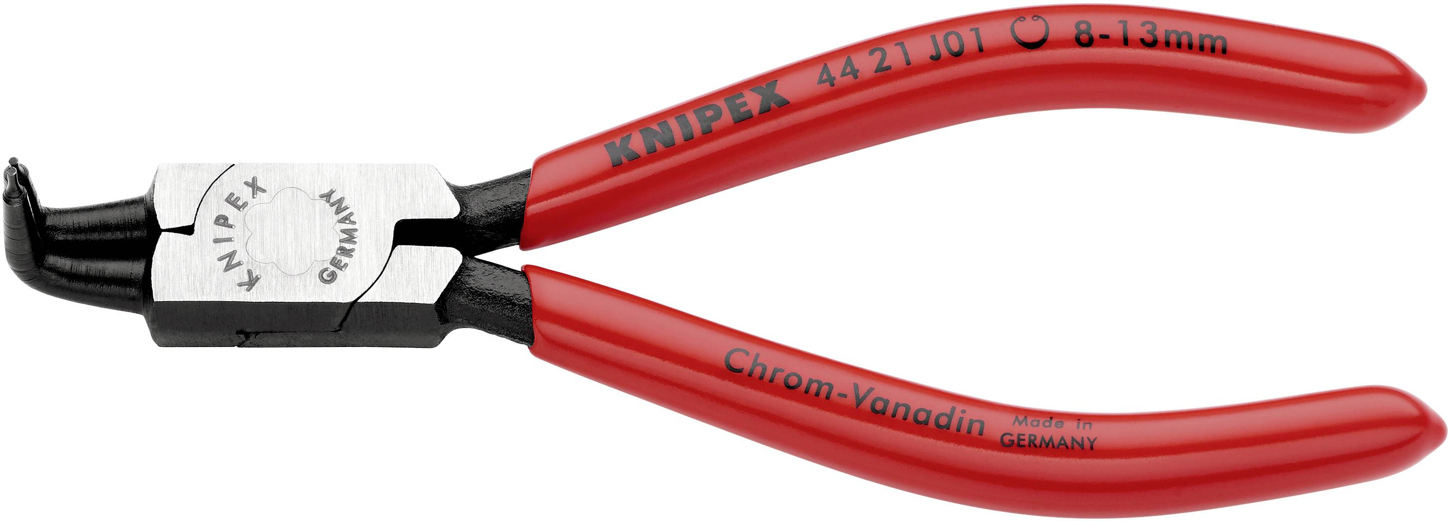 Eine rote Sicherungsringzange mit gebogenen Spitzen, Marke KNIPEX, Modellnummer 4421 J01, geeignet für 8-13 mm Ringe, hergestellt in Deutschland.