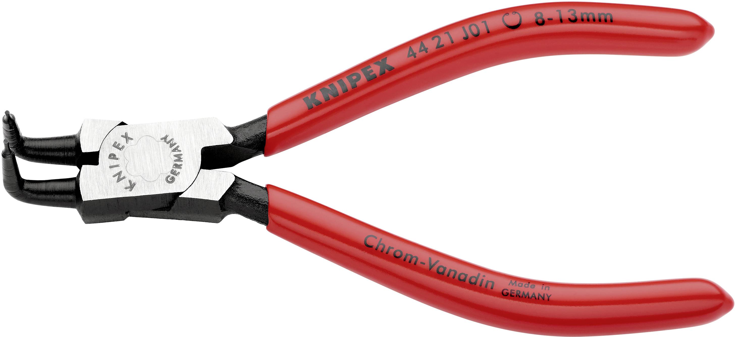 Eine rote Knipex-Rundzange mit gebogenen Spitzen, geeignet für 8-13 mm, mit der Aufschrift 'Chrom-Vanadin' und 'Made in Germany'.
