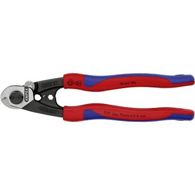 Zange mit roten und blauen Griffen, schwarzem Schneidekopf, geeignet zum Schneiden von Draht bis 2,5 mm. Markenname auf Griff.