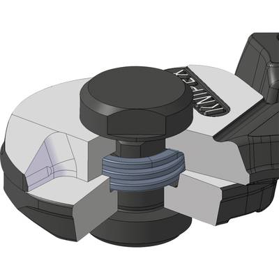 Diagramm eines 3D-Modells einer mechanischen Komponente mit Bolzen und Gewinde für Befestigungszwecke.