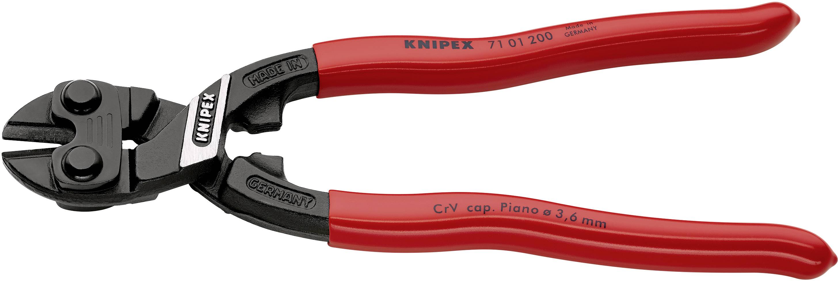 'Rote Kneifzange der Marke Knipex, Modell 71 01 200, geeignet für C/V-Kapazitäten bis 3,6 mm, mit schwarzen Schneidkanten.'