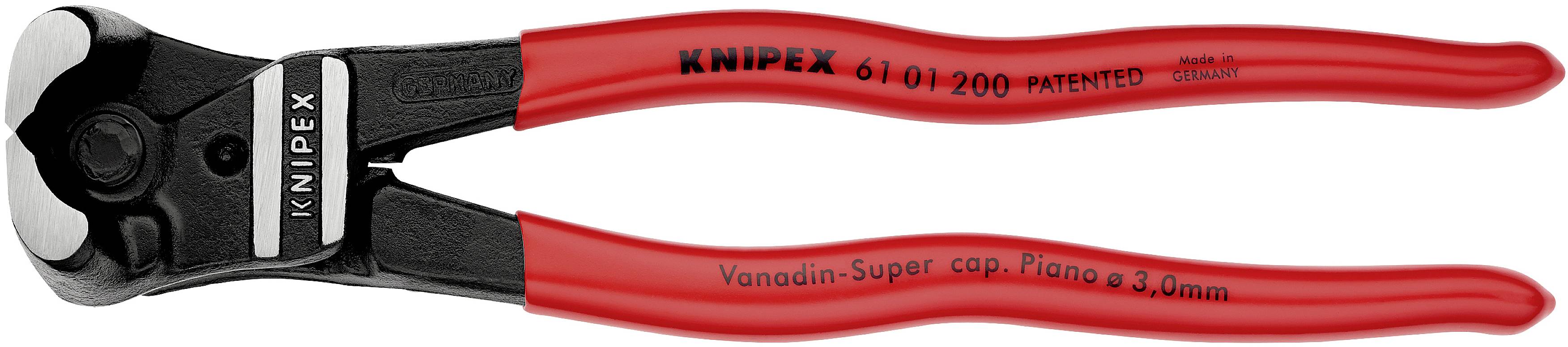 Zange mit roten Griffen und schwarzem Kopf, beschriftet mit 'Knipex 61 01 200 Patented'. Geeignet für Klavier- und Stahldrähte bis 3,6 mm.