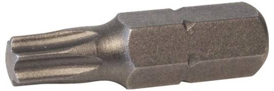 Eine Nahaufnahme eines Metallschraubenziehereinsatzes mit sternförmiger Spitze, der zum Eindrehen von Schrauben mit entsprechenden Köpfen verwendet wird.