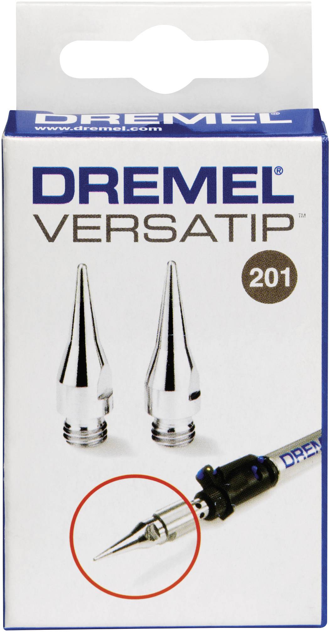 'Verpackung für Dremel Versatip 201, zeigt zwei Ersatzspitzen und ein Bild der Spitze am Werkzeug, blauer Schriftzug oben.'