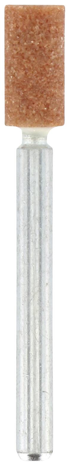 Ein rotbrauner Schleifkopf mit zylindrischer Schleiffläche auf einem silbernen Stab, wird zur Metallbearbeitung verwendet.