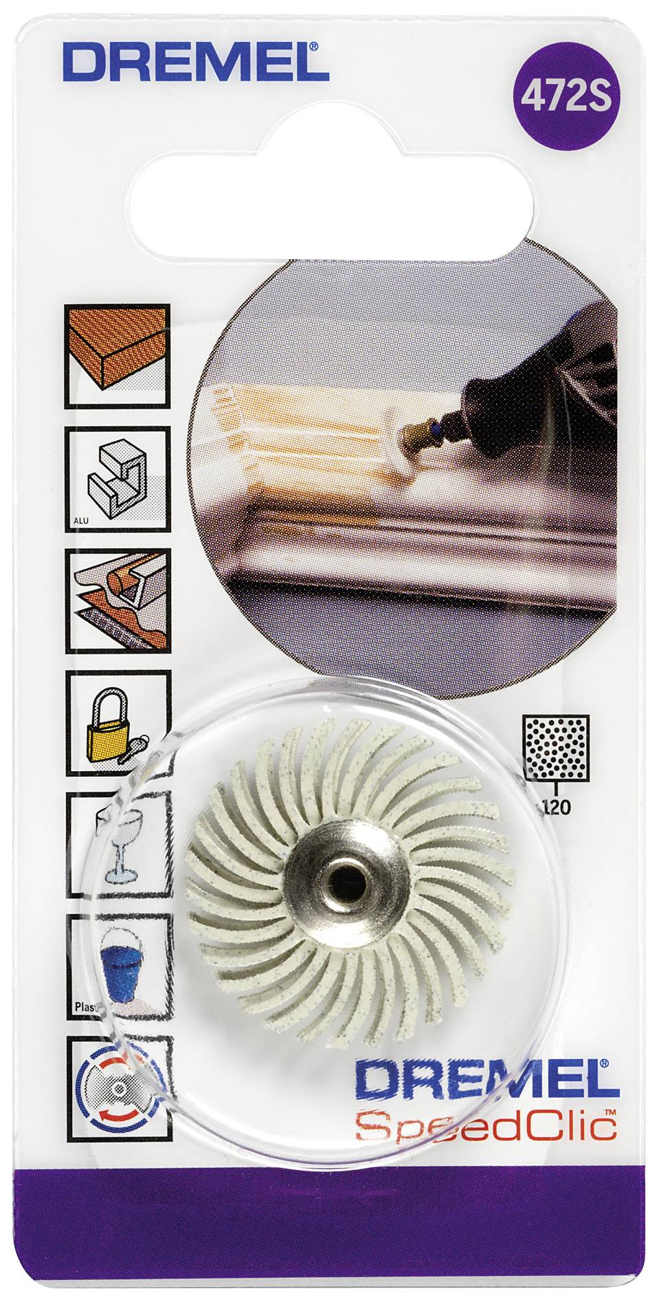 Verpackung eines Dremel SpeedClic 472S Polierzubehörs mit Abbildungen zur Anwendung, inklusive Fensterrahmen polieren.