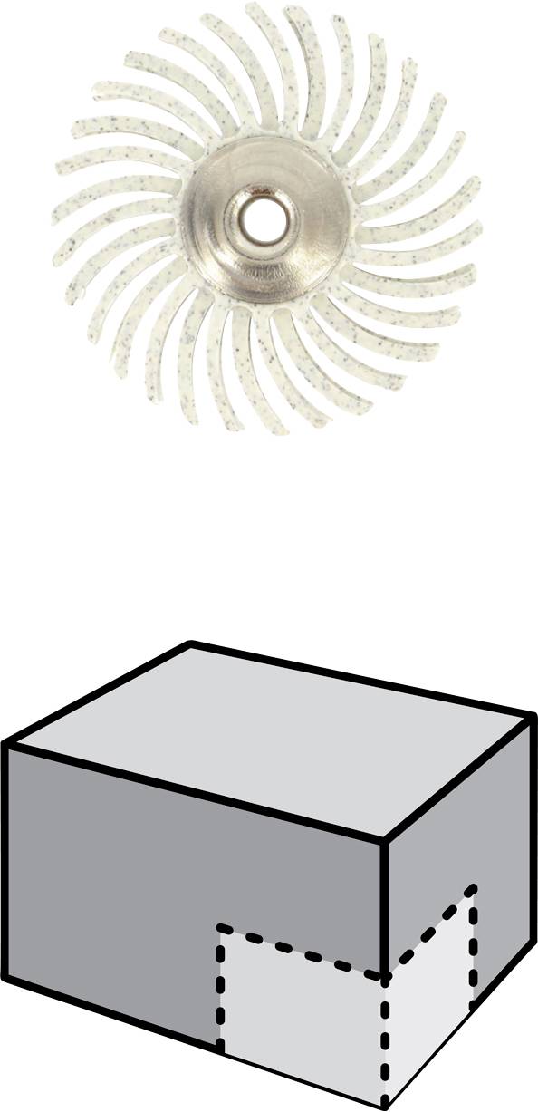 'Abbildung eines Winkelschleifers mit spezieller Schleifscheibe und einer Box zur Demonstration der Anwendung an schwierigen Stellen.'