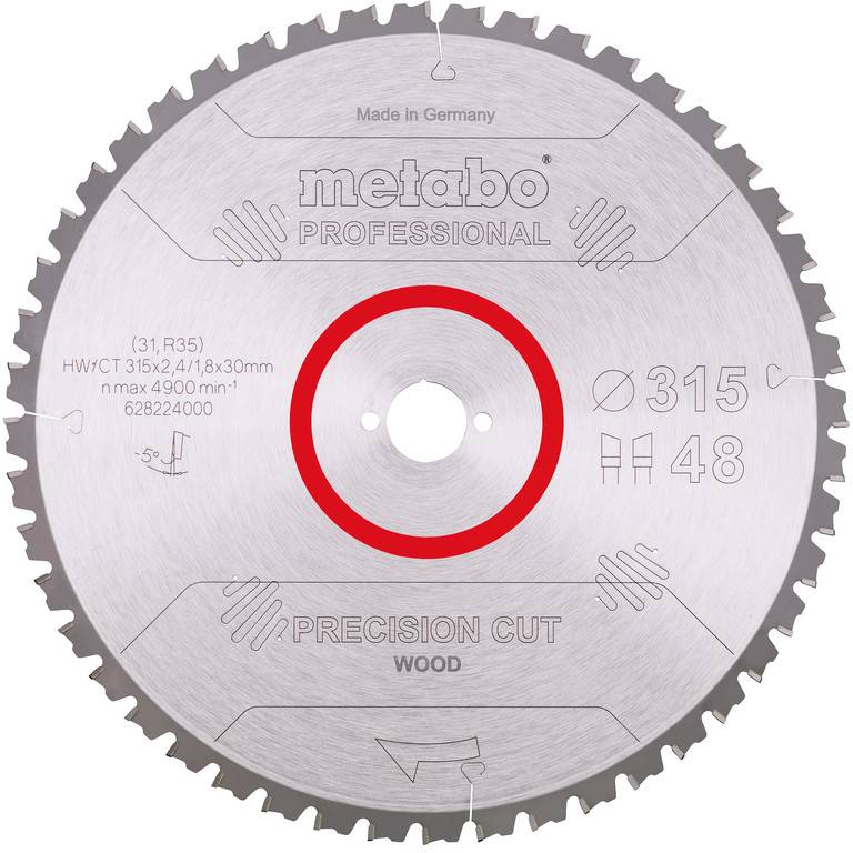 Kreissägeblatt Metabo Professional mit Präzisionsschnitt für Holz, silber mit rotem Ring, gekennzeichnet mit „Made in Germany", „Ø315" und „48" Zähne.