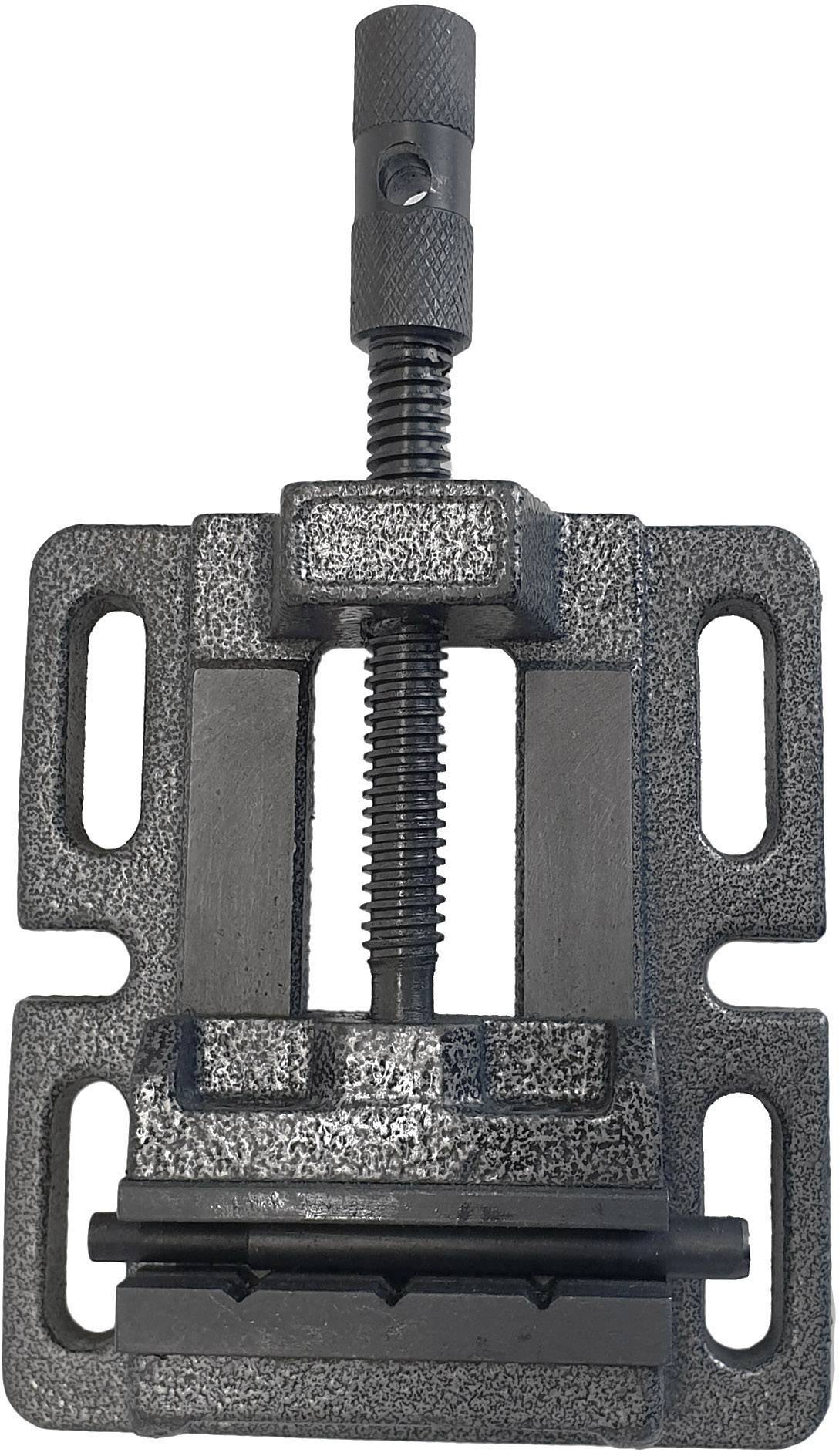 Ein Schraubstock aus Metall, vertikal dargestellt, mit schraubbarer Spindel zur Befestigung von Werkstücken.