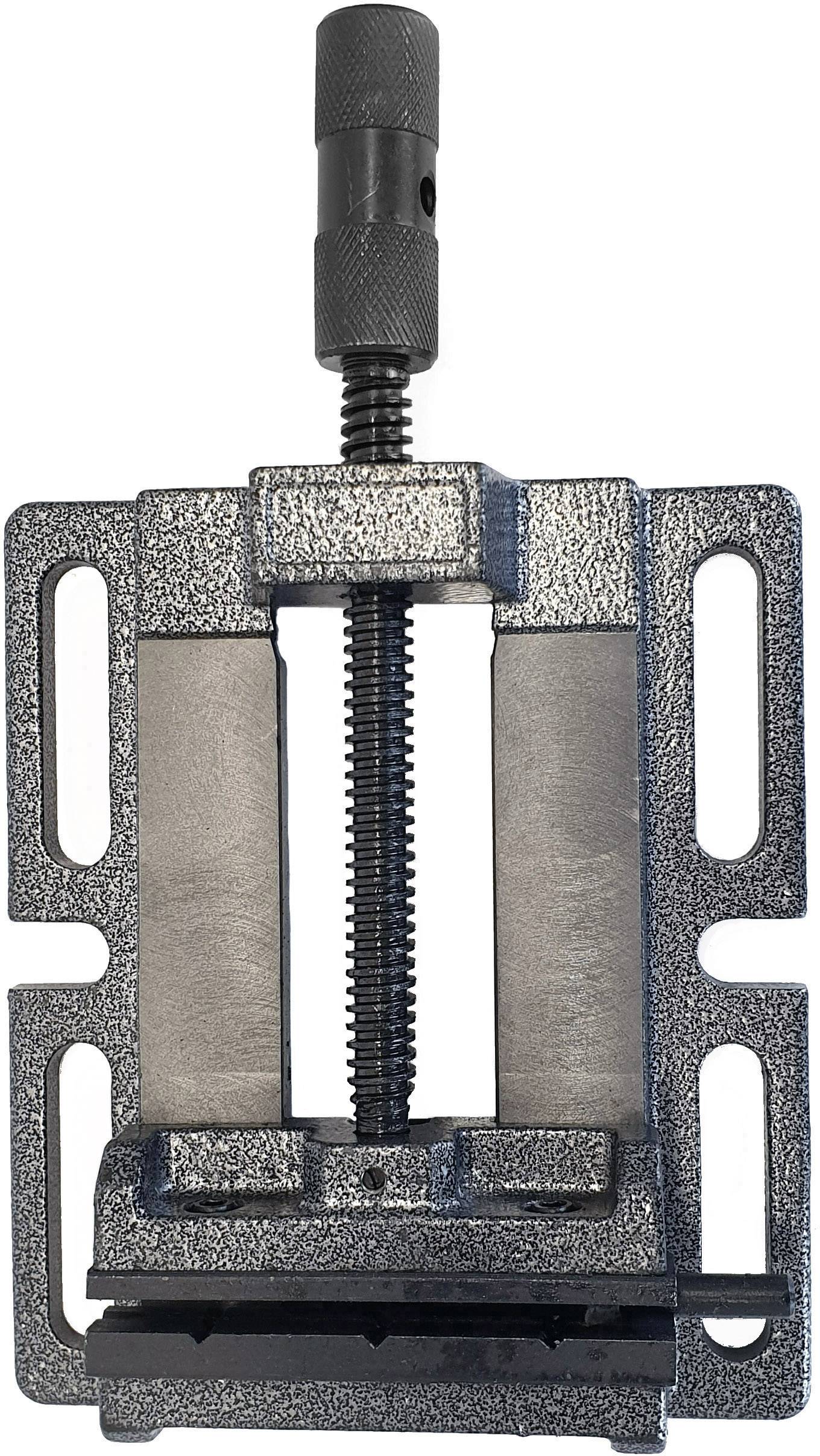 Ein metallener Schraubstock mit Schraubzwinge und verstellbaren Backen, zur Fixierung von Werkstücken beim Bearbeiten.