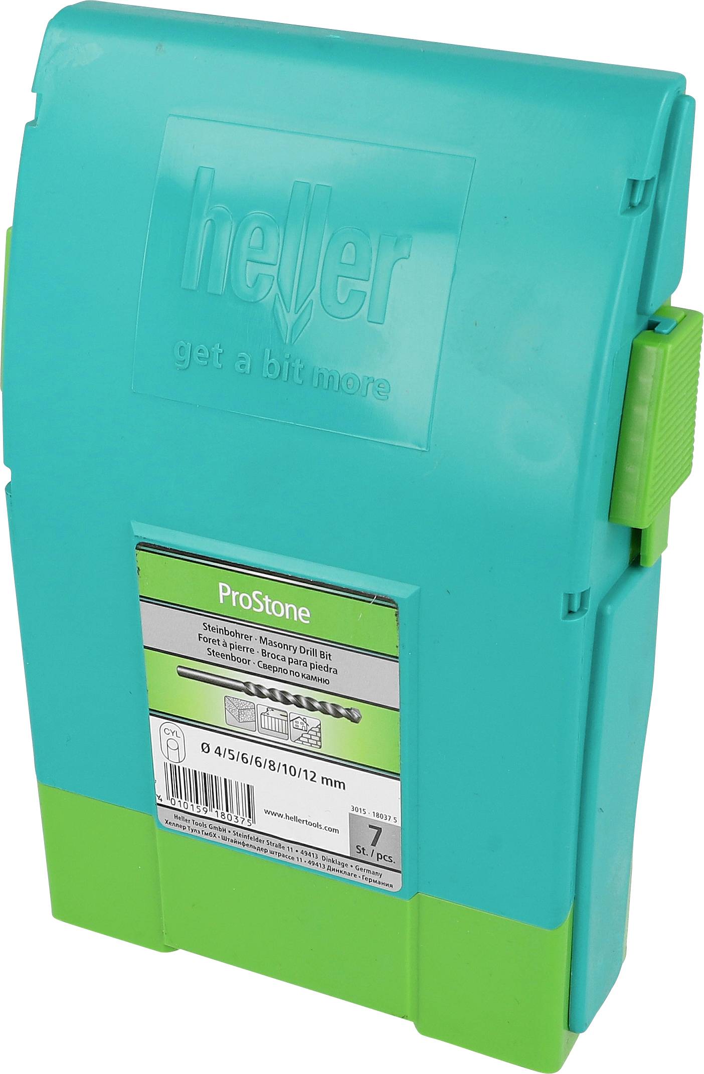 Teal- und grünfarbener Kunststoff-Behälter mit der Beschriftung "heller" und "ProStone", mit einem vorderen Produktetikett und seitlicher Verriegelung.