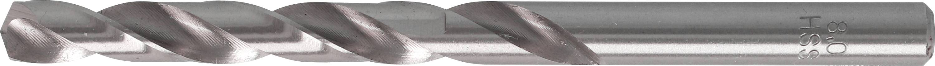 Nahaufnahme eines Metallwendelbohrers mit silbernem Schaft und dunklen spiralförmigen Nuten, horizontal auf weißem Hintergrund dargestellt.