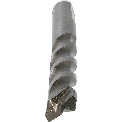 Eine Nahaufnahme eines Metallbohrers oder Schneidwerkzeugs mit Spiralnut und spitzer Spitze auf weißem Hintergrund.