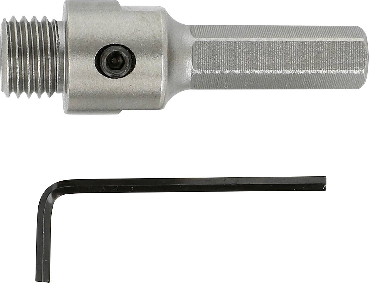 Metallwerkzeugadapter mit Gewinde am Ende und Sechskantschaft, dargestellt mit einem L-förmigen Innensechskantschlüssel darunter auf weißem Hintergrund.