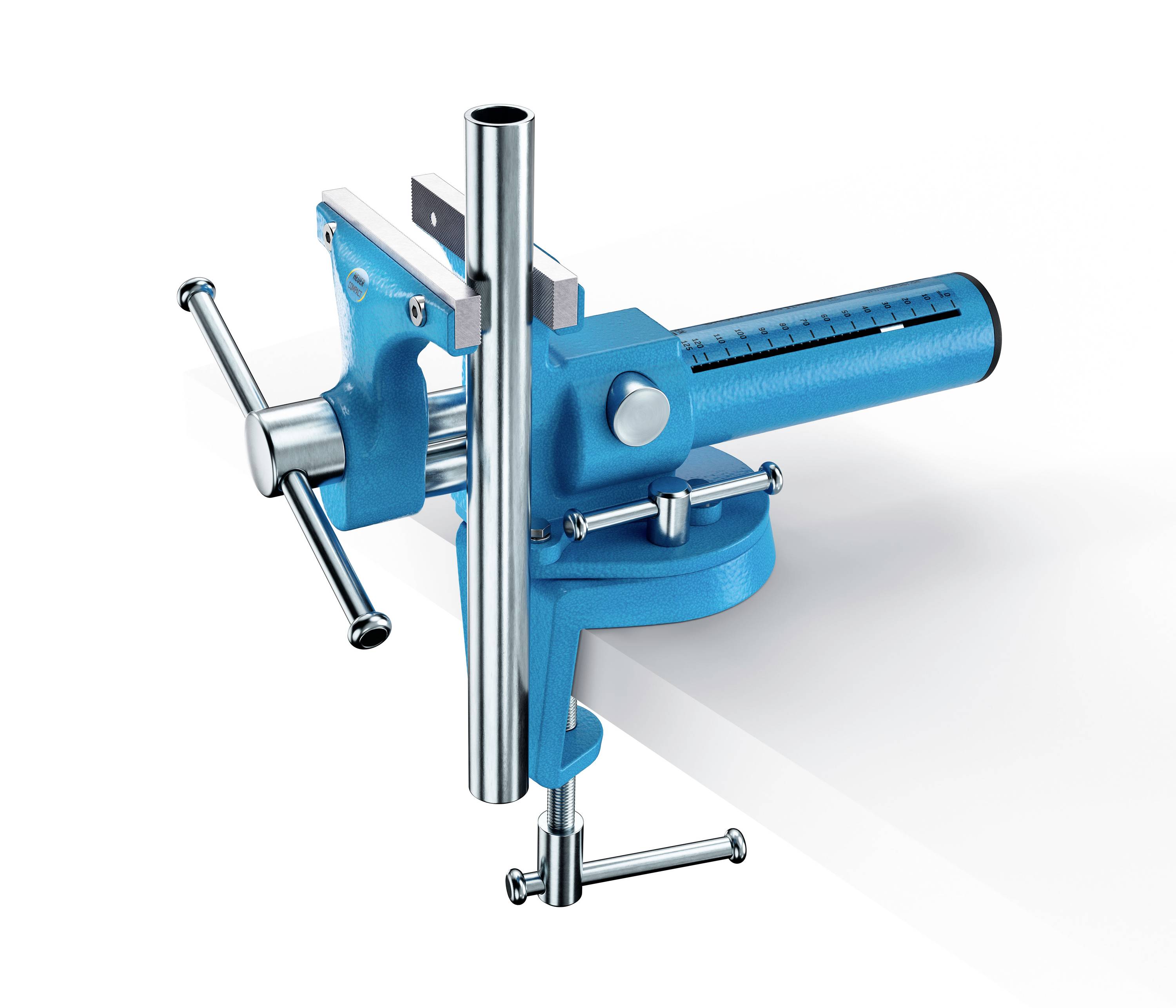 'Metall-Schraubstock in Blau', montiert an einem Tisch, mit einer vertikal eingespannten Metallstange.