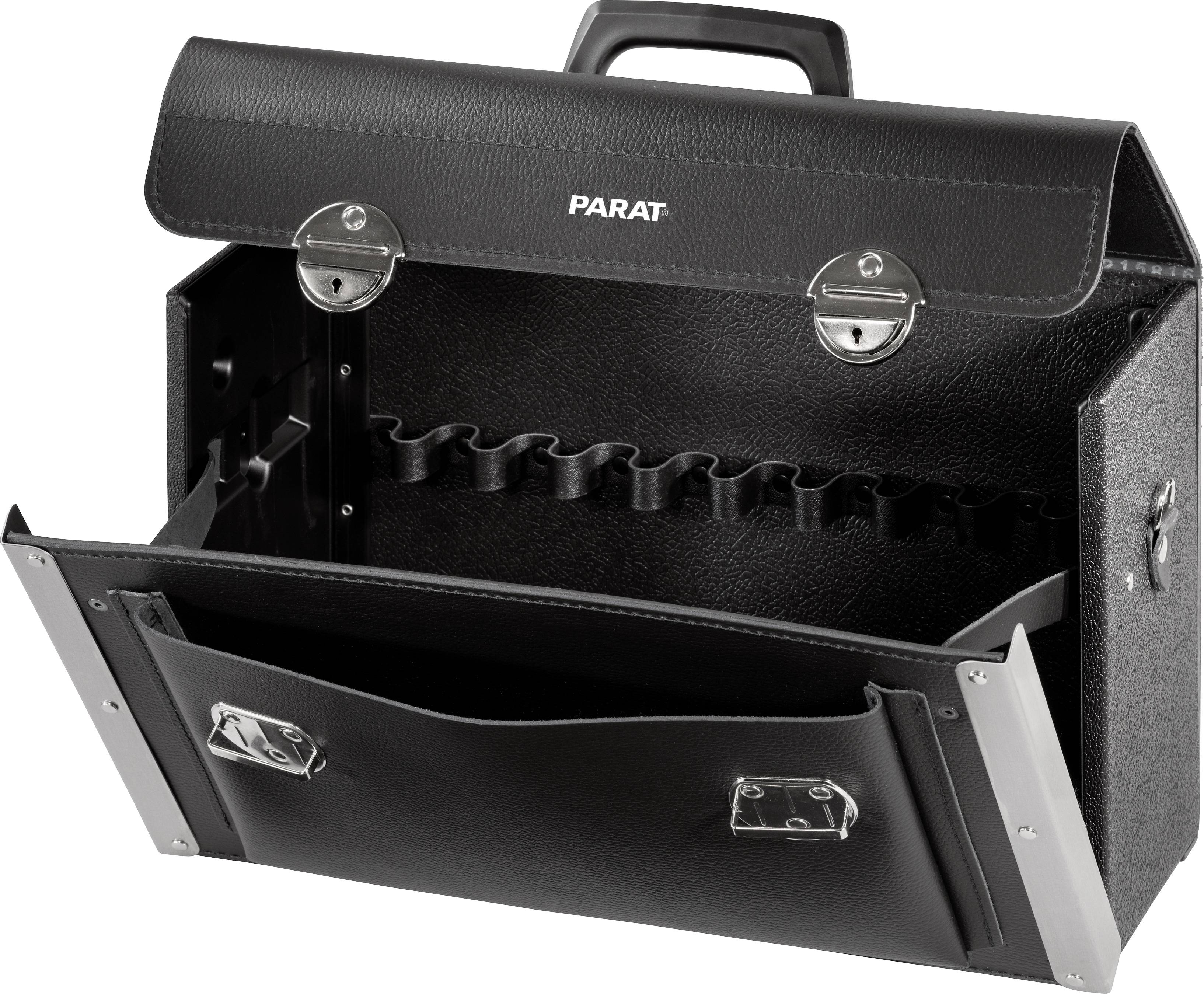 Offene schwarze Werkzeugtasche aus Leder, Markenname 'PARAT' sichtbar, mit mehreren Fächern für Werkzeuge und Schultertrageriemen.