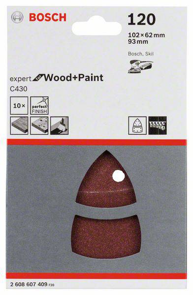Bosch Schleifblätter Packung, C430 Expert für Holz und Farbe, Korn 120, enthält 10 Blätter, Größe 102x62mm, perfekt für glatte Oberflächen.