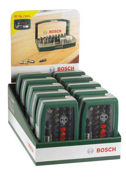 Satz mit Bosch-Bitsätzen in grüner Verpackung auf einem Tisch, 32-teilig.