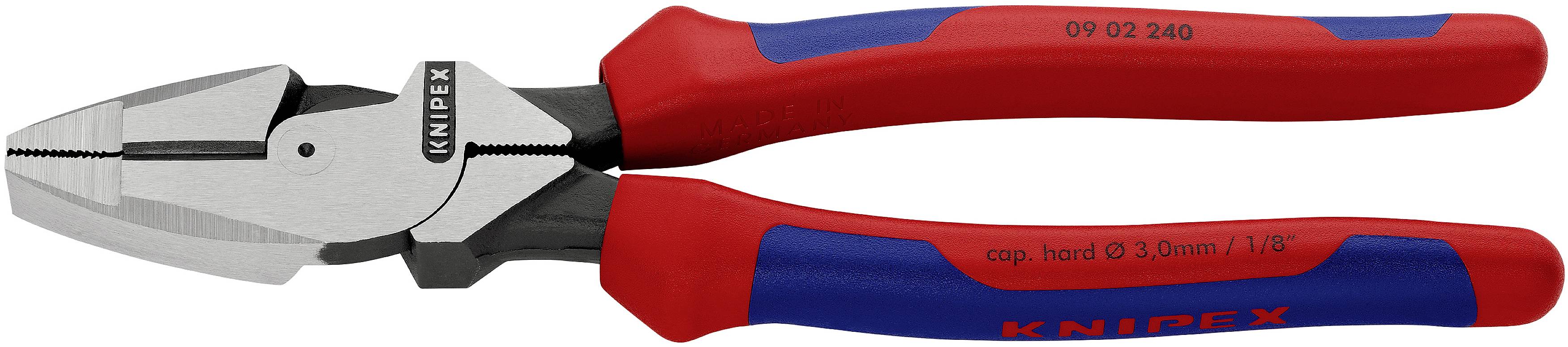 Eine rote und blaue Knipex-Kombizange, Modell '09 02 240', geeignet für harten Draht bis 3,5 mm. Sie hat einen ergonomischen Griff.