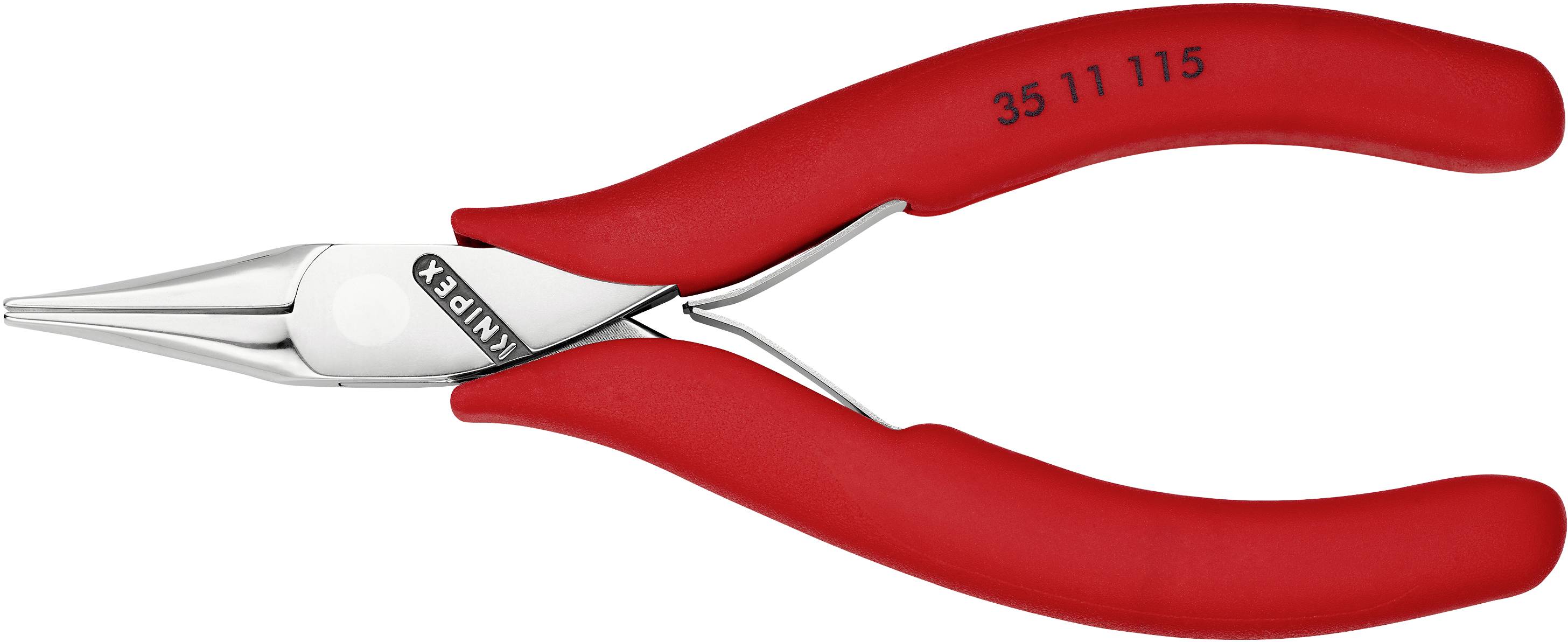 Rote Zangen mit langem, schmalem Schnabel und ergonomischen Griffen, geeignet für präzises Greifen und Schneiden von Draht.