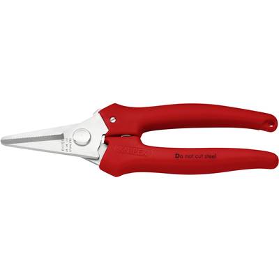Rote Knipex-Schere mit Aufschrift 'Do not cut steel'. Geeignet für präzisen Schnitt nichtmetallischer Materialien.