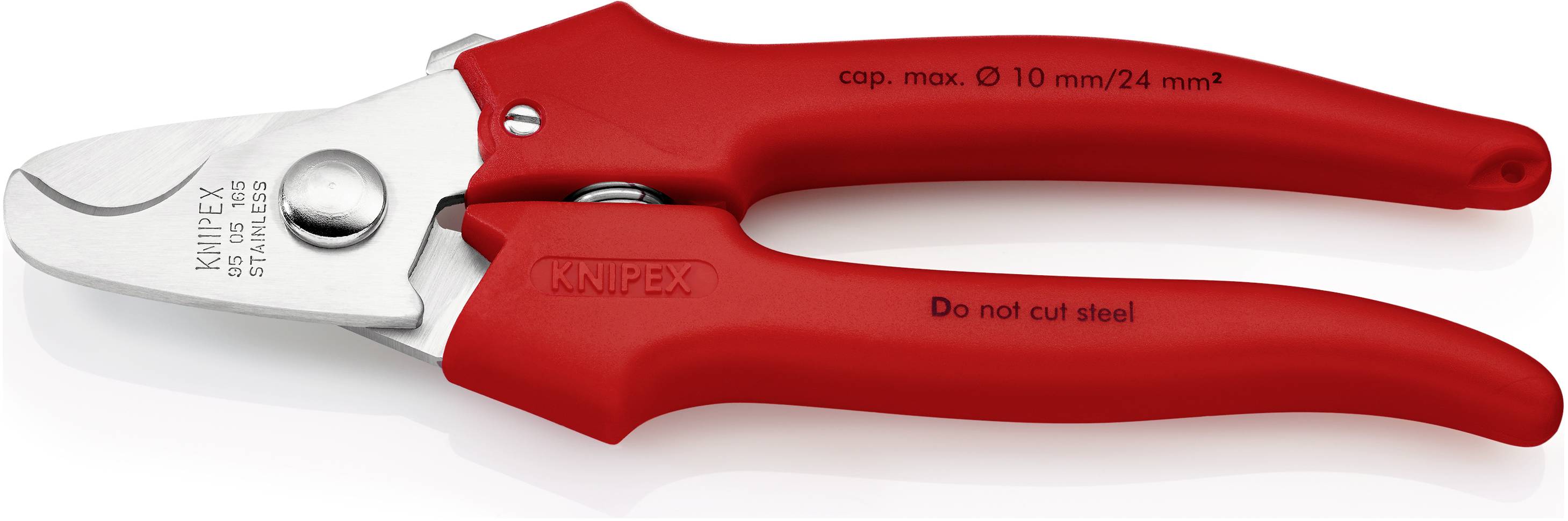 Rote Kabelschere mit silberner Klinge, Aufschrift: 'cap. max. Ø 10 mm/24 mm²' und 'Do not cut steel'. Ideal zum Schneiden von Kabeln.