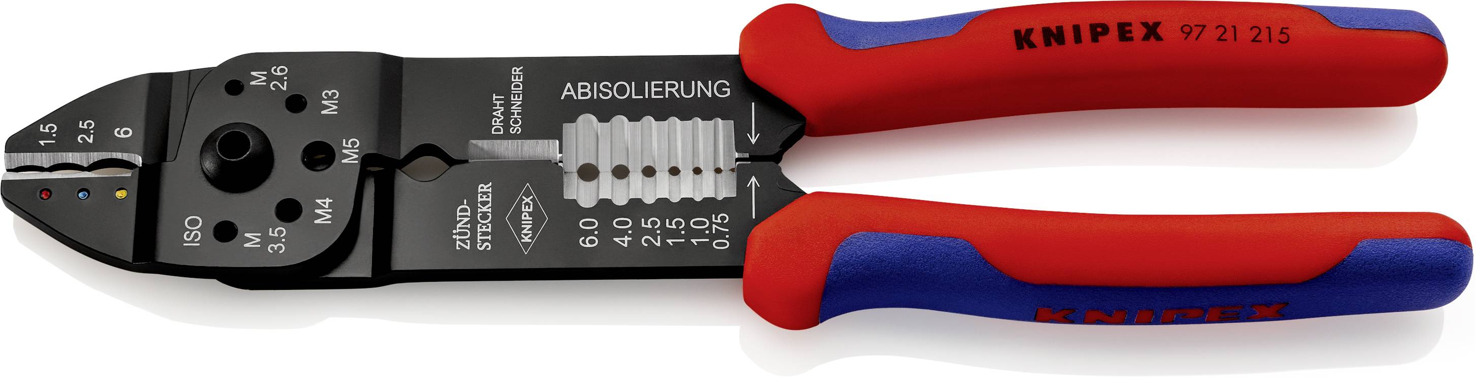 Eine rote und blaue Zange zum Abisolieren von Kabeln mit Messskala und der Aufschrift 'Abisolierung' und 'Knipex'.