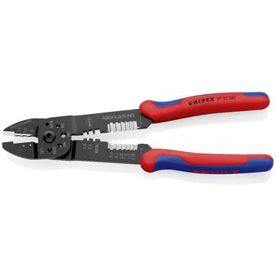 Ein Paar Knipex-Abisolierzangen mit rot und blau gefärbten Griffen, die mehrere Abisolier- und Schneidoptionen für verschiedene Drahtgrößen zeigen.