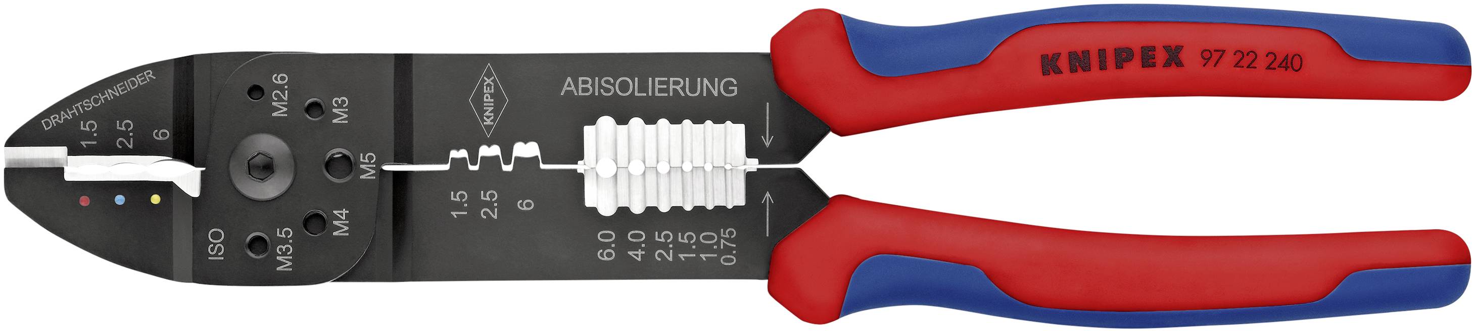 Abisolierzange mit roten und blauen Griffen, geeignet zum Schneiden und Abisolieren verschiedener Kabelgrößen. Markenname 'Knipex' auf dem Griff.