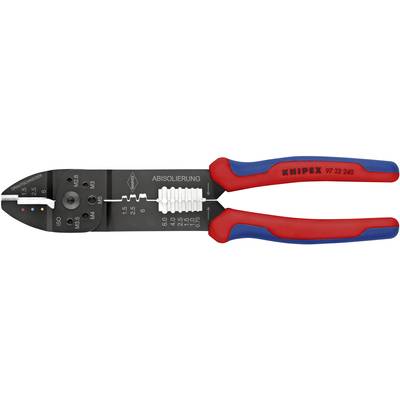 Abisolierzange mit roten und blauen Griffen, geeignet zum Schneiden und Abisolieren verschiedener Kabelgrößen. Markenname 'Knipex' auf dem Griff.