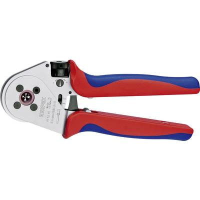 Handcrimpwerkzeug mit blauen und roten Griffen, geeignet zum Crimpen von isolierten Kabelschuhen.