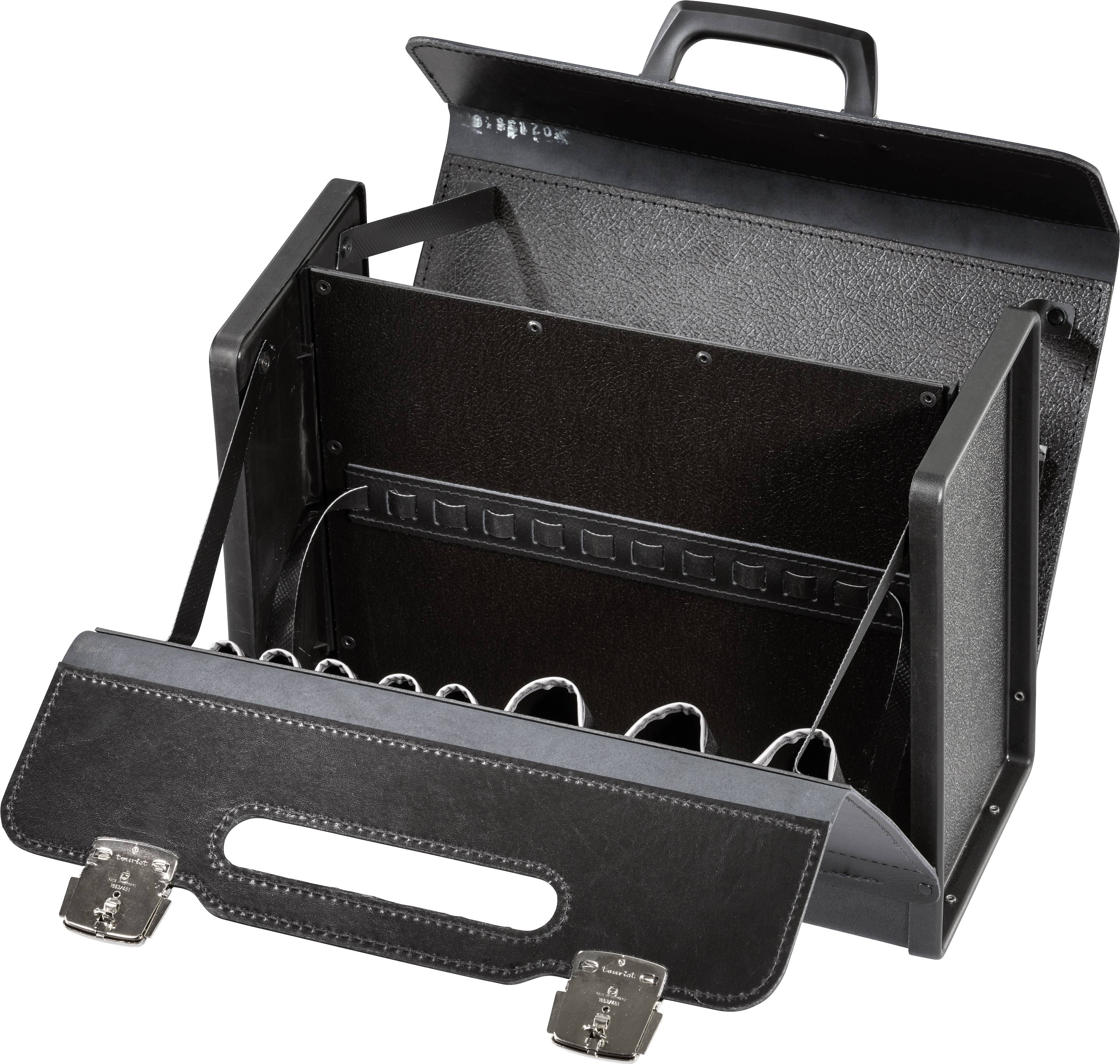 Offener schwarzer Aktenkoffer aus Leder mit mehreren Fächern und silbernen Metallschlössern, ideal zur Dokumentenorganisation.