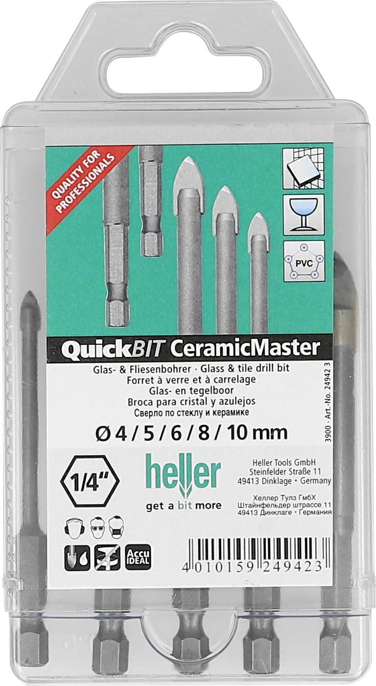 Paket Heller QuickBIT CeramicMaster Bohrer für Glas, Keramik, Fliesen und Porzellan, Größen 4, 5, 6, 7 und 8/10 mm.