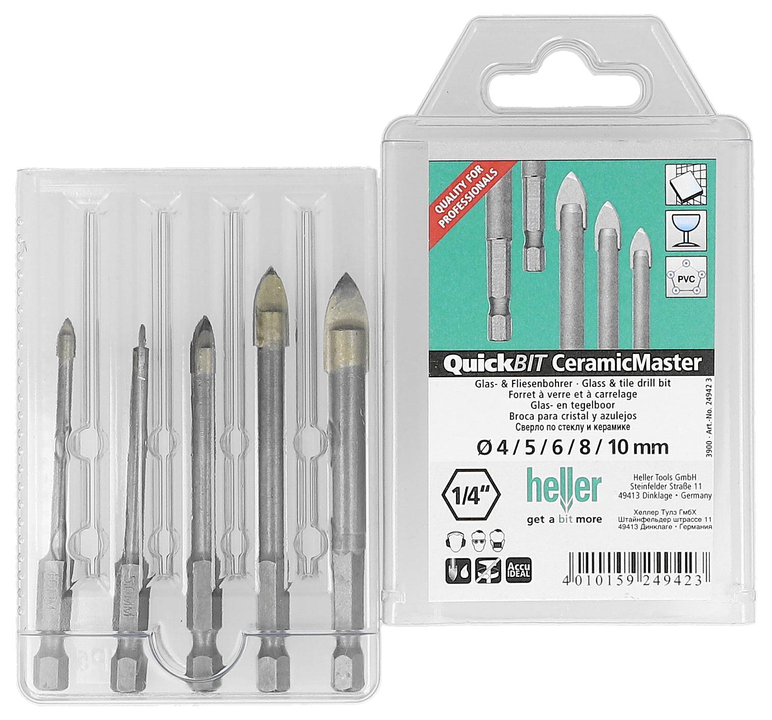 Packung von QuickBIT CeramicMaster Glas- und Fliesenbohrern, die fünf Bohrer in einem durchsichtigen Kunststoffkoffer zeigt und auf beschrifteter Einzelhandelverpackung mit Größen 4, 5, 6, 8, 10 mm.