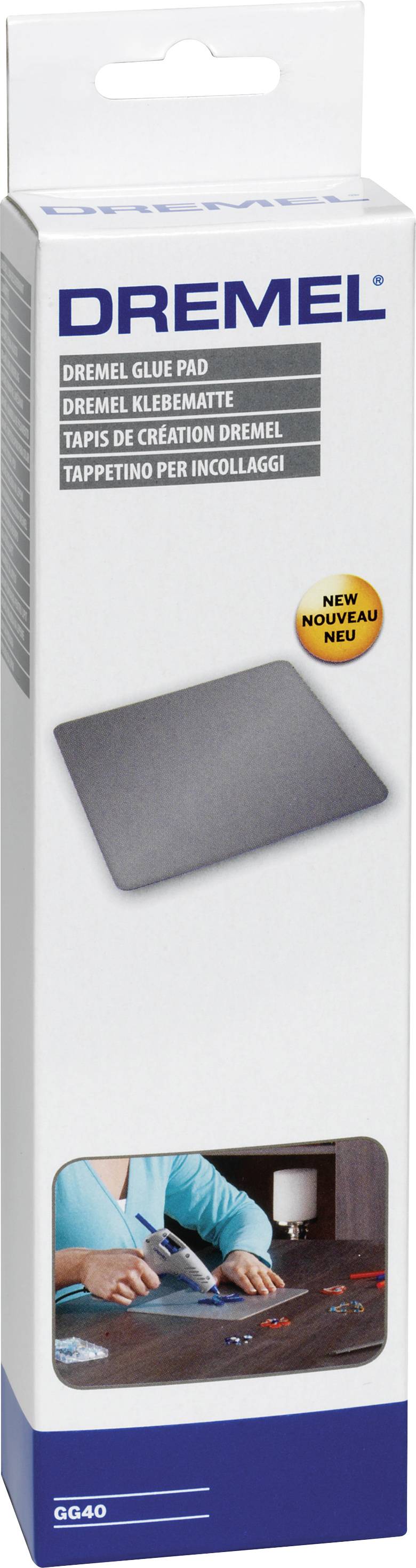 'DREMEL Klebepalette'; Abgebildet ist eine Verpackung mit Bild eines grauen Pads. Unten bastelt eine Person mit den Produkten.