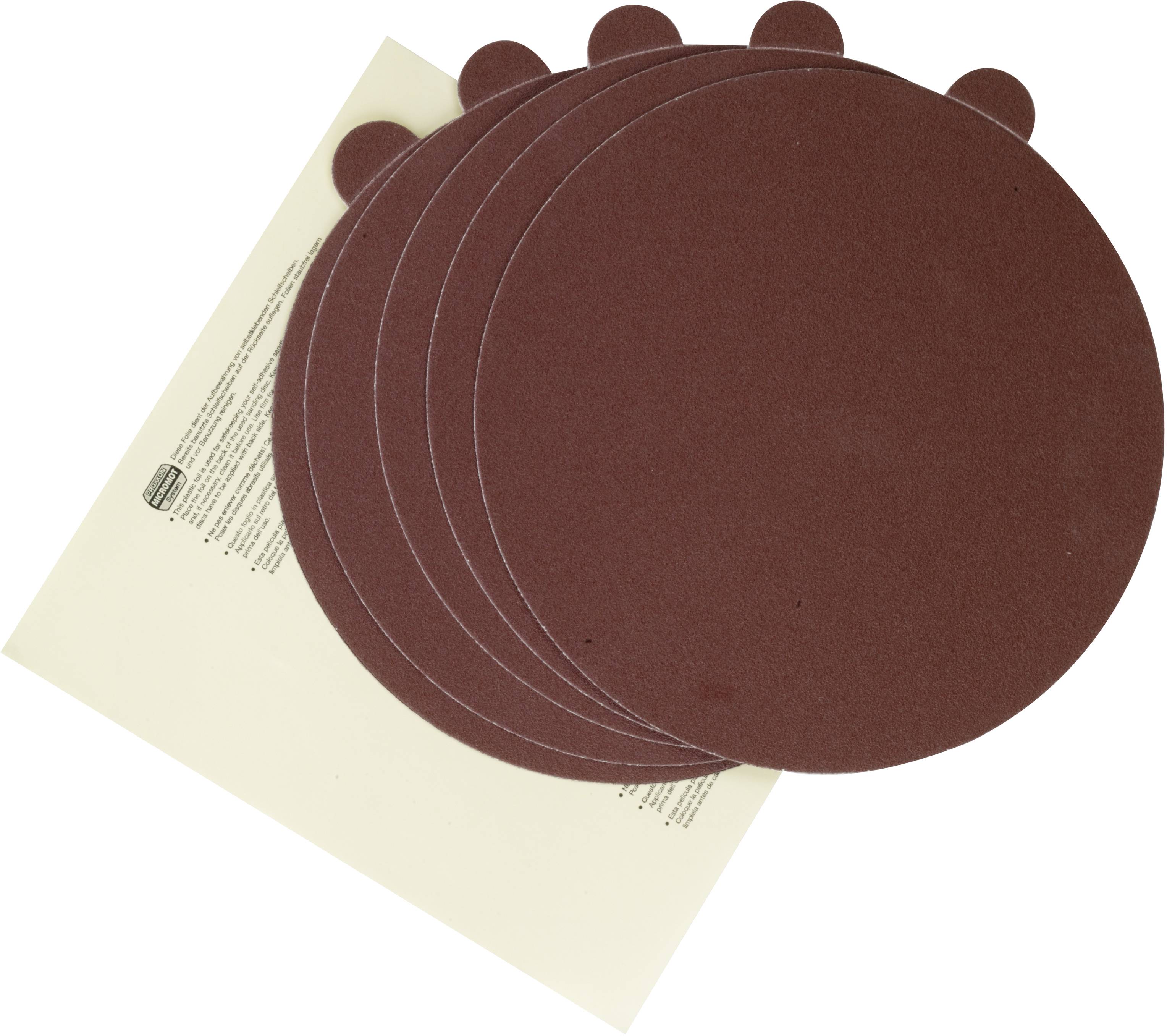 Fünf runde Schleifscheiben aus braunem Schleifpapier, übereinanderliegend, mit einem hellen Blatt Papier im Hintergrund.